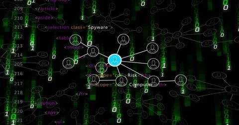 Displaying highlighted central avatar node linking avatars in cyber network, Stock Illustration