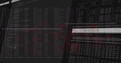 Displaying highlighted encryption panel with waveform and network diagrams on Foto stock