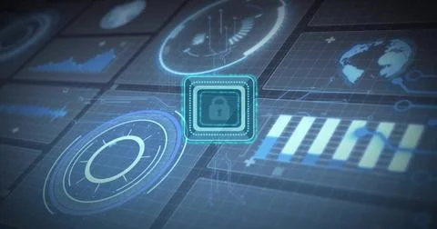 Displaying highlighted padlock module glowing on dark grid UI, with circular HUD Stock Illustration