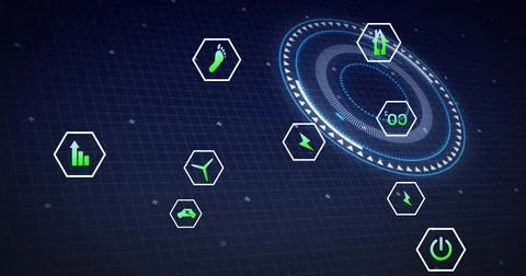 Displaying holo circular HUD rotating over dark blue grid, with hex icon tiles, Stock Illustration