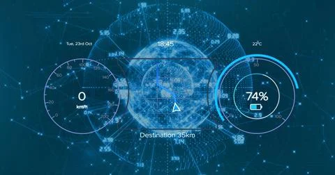 Displaying holo globe with nav pointer on HUD, 18:45 Destination 35km, speed 0 Stock Illustration