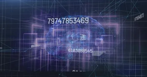 Displaying hologram brain pulsing in virtual 3D grid space, showing numeric Ilustração Stock