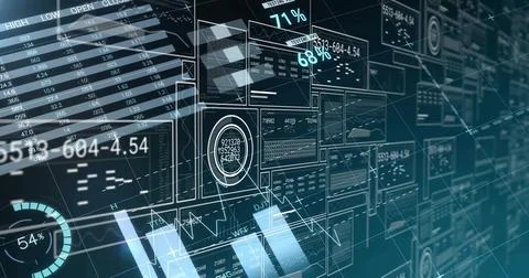 Displaying hologram dashboard floating in analytics space, showing panels, Illustrazione stock