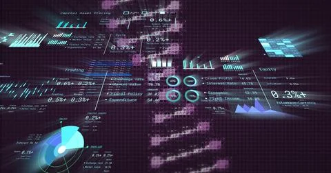Displaying hologram financial data on dark grid, streaming purple helix, bar  Illustrazione stock