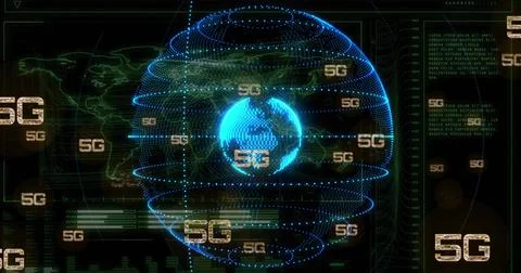 Displaying hologram globe rotating in virtual network dashboard with concentric Stock Illustration