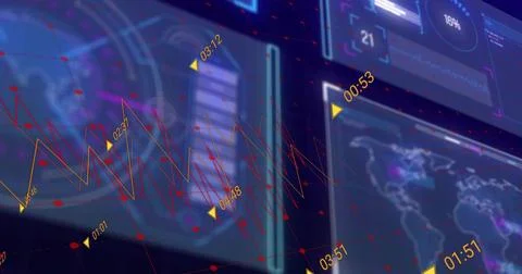 Displaying hologram graph with red node network in dark ops room showing yellow Stock Photos