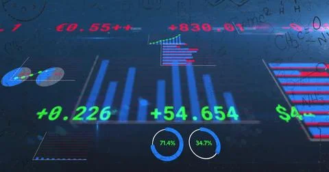 Displaying holographic 3D bar chart at center of virtual dashboard, with numeric Illustrazione stock