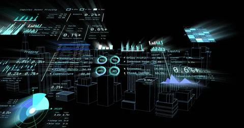 Displaying holographic 3D block cluster floating in virtual space, showing ba Illustrazione stock