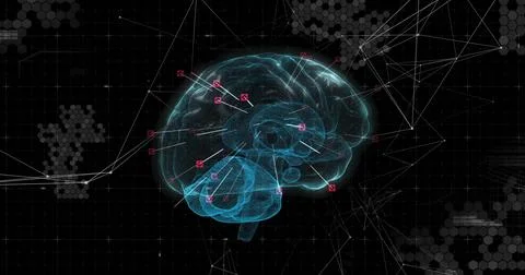 Displaying holographic 3D brain floating in dark grid matrix space, with red Stock Illustration