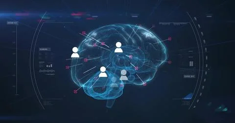 Displaying holographic 3D brain model on dark virtual interface, showing user Stock Illustration