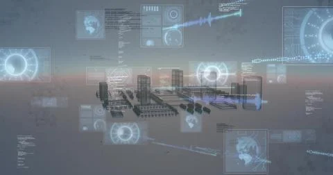 Displaying holographic 3D schematic of industrial complex floating in virtual 库存插图