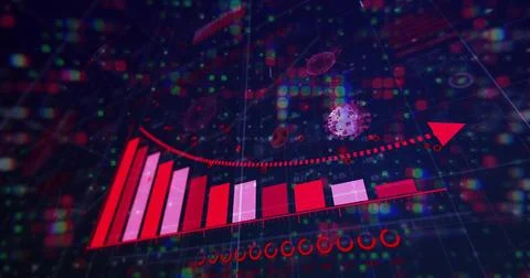 Displaying holographic bar chart and dotted red trend curve rising on dark grid, Stock Illustration