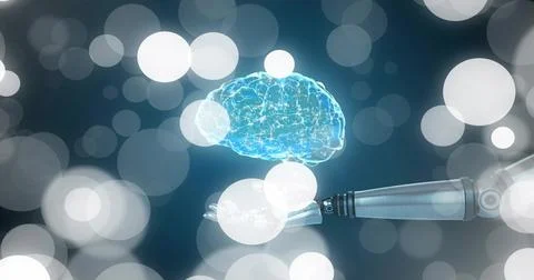 Displaying holographic brain hovering above metallic robotic forearm at lab, 스톡 일러스트