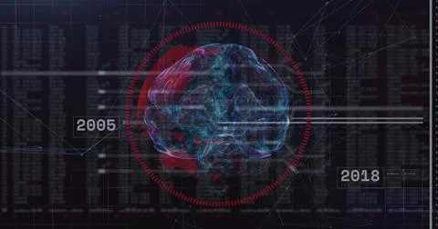 Displaying holographic brain model floating in digital grid with timeline Stock Illustration
