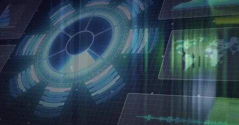 Displaying holographic chart with segmented arcs on control interface, with t Stock Illustration