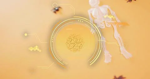 Displaying holographic circle with molecular cluster on orange table, skeleto Stock Illustration