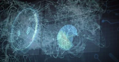 Displaying holographic circular chart floating with molecular wireframes on Stock Photos
