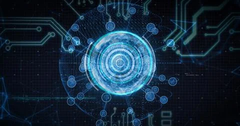 Displaying holographic circular interface and network nodes over grid, with 库存插图