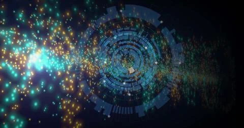 Displaying holographic circular interface glowing in virtual space, with flowing Foto stock