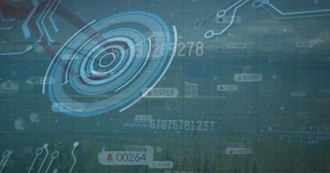 Displaying holographic circular interface overlaying forest showing data streams Stock Illustration