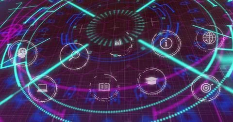 Displaying holographic circular interface pulsing over magenta grid, with HUD Stock Photos