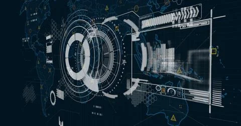 Displaying holographic circular UI on digital dashboard, with data panel and Stock Illustration