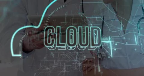 Displaying holographic CLOUD network interface in medical office, with tablet Foto stock