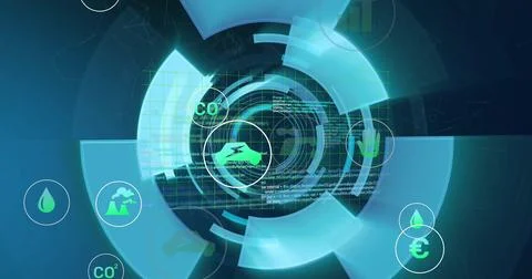 Displaying holographic cluster projecting green rings, data streams in virtual Stock Illustration