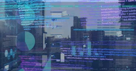 Displaying holographic code and console text over harbor skyline at dusk, with Stock-Fotos