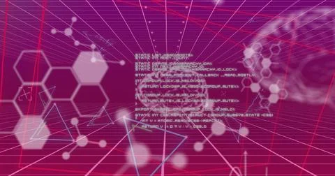 Displaying holographic code and neural network graphic hovering over grid plane, 스톡 사진