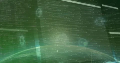 Displaying holographic code panels streaming data at digital console, with Foto stock