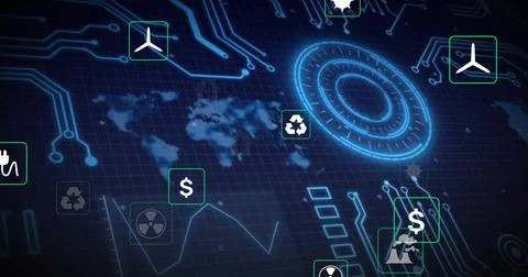 Displaying holographic concentric circle glowing on dark dashboard, with world Stock Illustration