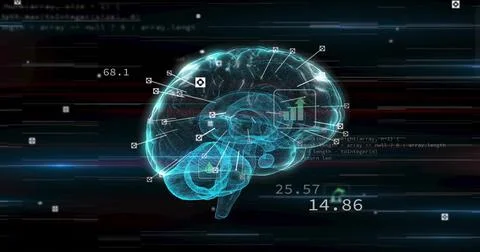 Displaying holographic cyan brain floating in virtual space, showing link lines Stock Illustration