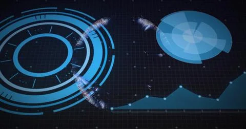Displaying holographic dashboard hovering over grid, with rotating HUD, pie Stock Illustration