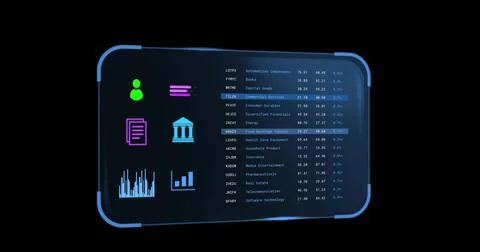 Displaying holographic dashboard panel on black background, showing neon icons Foto stock