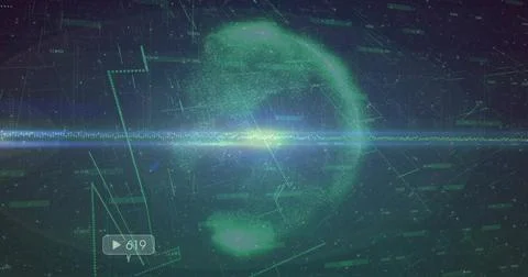 Displaying holographic data cluster crossing waveform on screen with grid and Stock Illustration