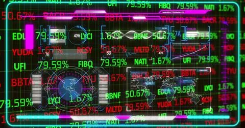 Displaying holographic data dashboard at control center, with neon code overlays Foto stock