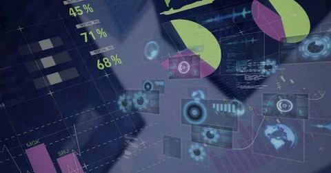 Displaying holographic data dashboard in control room, with pie charts and bar Stockfoto's
