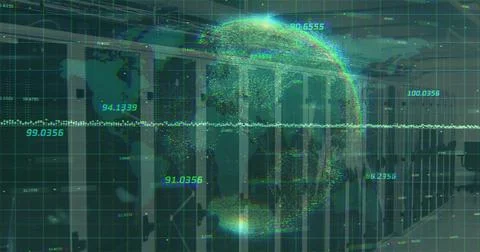 Displaying holographic data globe floating over server racks at data center, Stock Photos