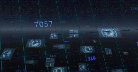 Displaying holographic data grid hovering in control interface, showing teal Ilustración de archivo