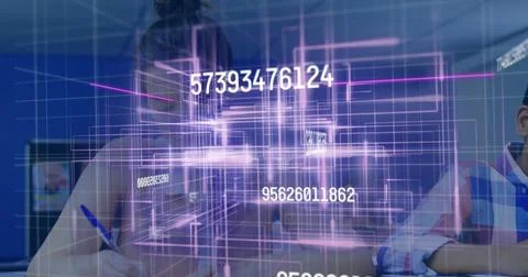 Displaying holographic data grid over classroom desk at school computer lab, Stock Photos