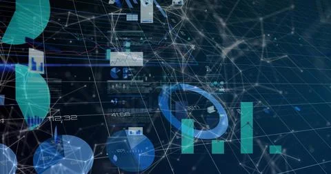 Displaying holographic data nodes forming virtual 3D network grid, with floating Stock Illustration
