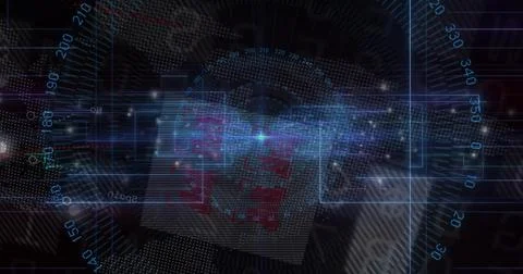 Displaying holographic data orb emitting lines on data interface with numeric 스톡 사진