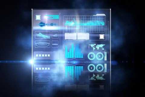 Displaying holographic data panel floating over blue void with glowing charts, Stockillustratie