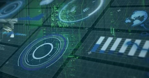 Displaying holographic data panels in 3D command hub, showing radar HUD, char Stock Illustration