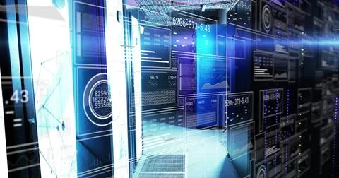 Displaying holographic data panels floating over server racks in data center, Stock Illustration