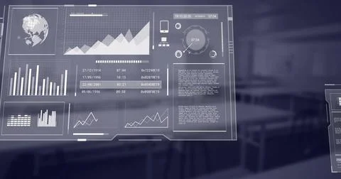 Displaying holographic data panels floating in office, showing bar and line Stock Photos