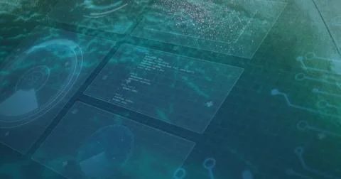 Displaying holographic data panels in interface grid, with radar displays and Stock Photos