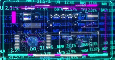 Displaying holographic data on virtual interface, with maps charts waveforms Stock Photos