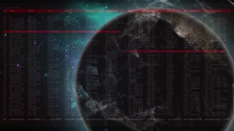 Displaying holographic digital globe on right, overlaying red white code tables Stock Footage 307857639